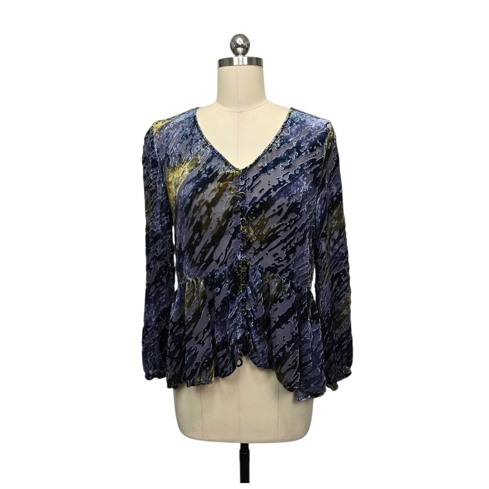 Sundance Blue Silk Blend Burnout Velvet Peplum Button Front‎ Blouse Top Size Med